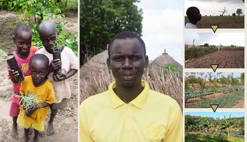 Young boys holding seedlings are pictured next to Forest Garden Team Lead Technician Bakary Camara. 